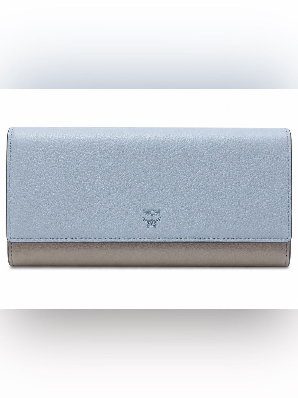 NWT MCM Two-Tone Pebbled Leather Long Wallet in Light Blue and Gray.